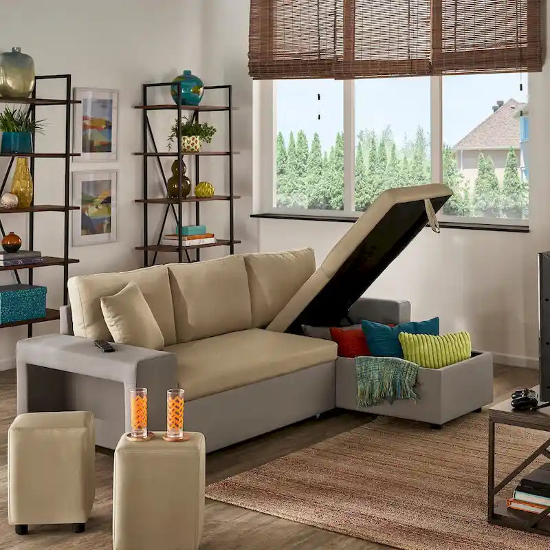 A convertible sofa bed, combined with "hidden storage" and an "L-shaped design," demonstrates its versatility.