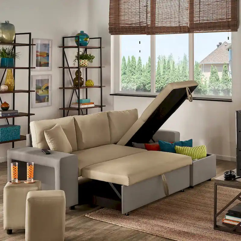 A convertible sofa bed, combined with "hidden storage" and an "L-shaped design," demonstrates its versatility.