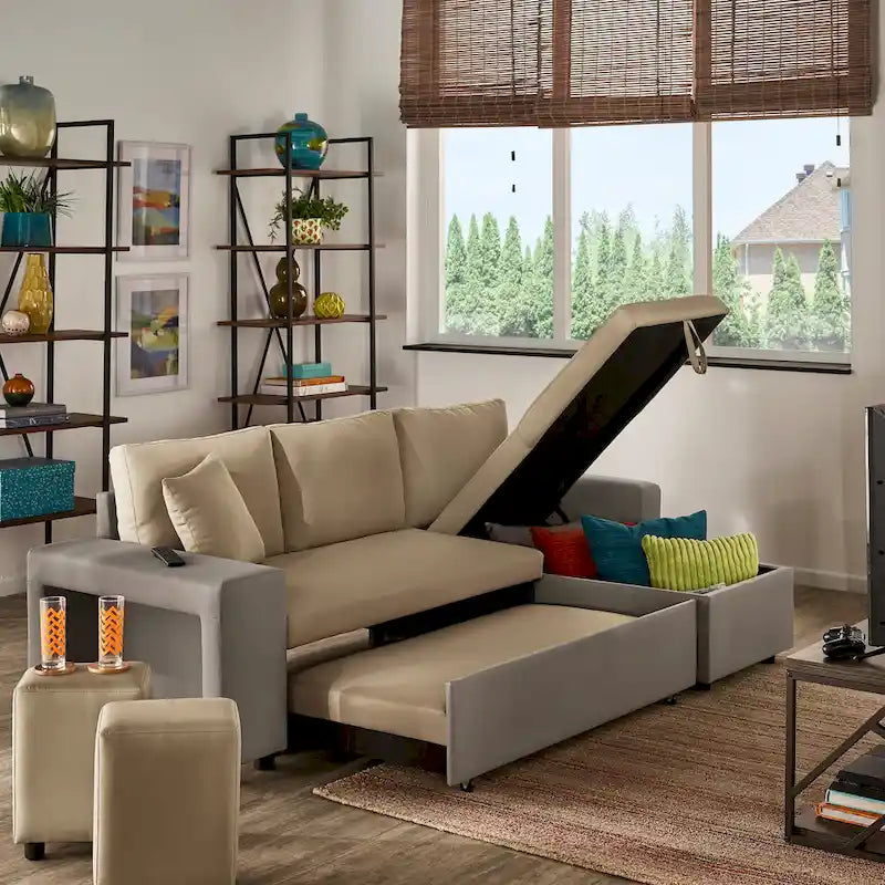 A convertible sofa bed, combined with "hidden storage" and an "L-shaped design," demonstrates its versatility.
