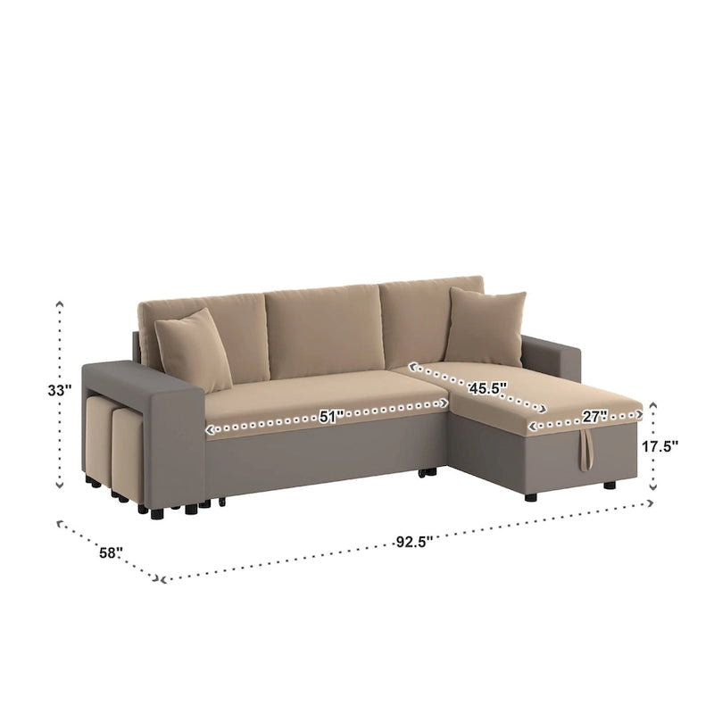 A convertible sofa bed, combined with "hidden storage" and an "L-shaped design," demonstrates its versatility.