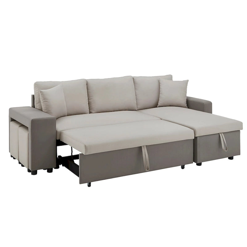 A convertible sofa bed, combined with "hidden storage" and an "L-shaped design," demonstrates its versatility.