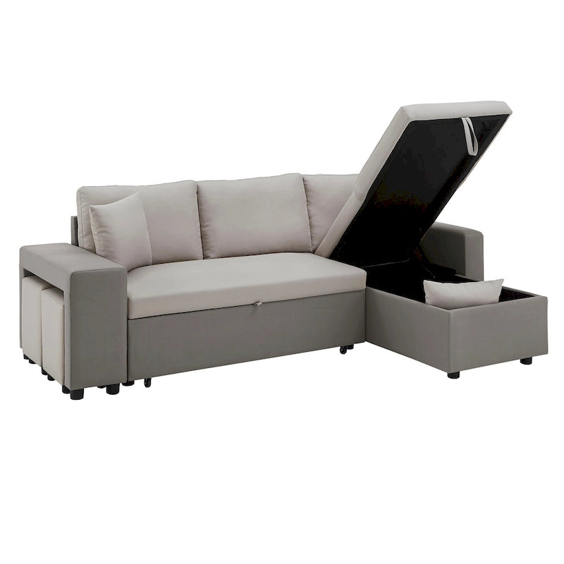 A convertible sofa bed, combined with "hidden storage" and an "L-shaped design," demonstrates its versatility.