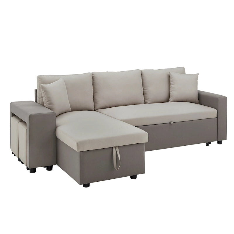 A convertible sofa bed, combined with "hidden storage" and an "L-shaped design," demonstrates its versatility.