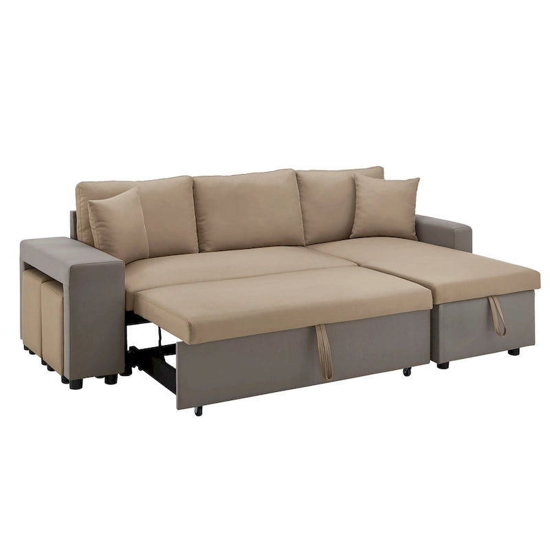 A convertible sofa bed, combined with "hidden storage" and an "L-shaped design," demonstrates its versatility.