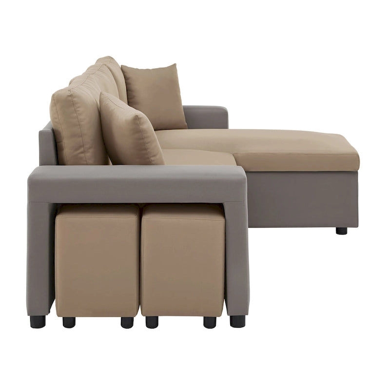 A convertible sofa bed, combined with "hidden storage" and an "L-shaped design," demonstrates its versatility.