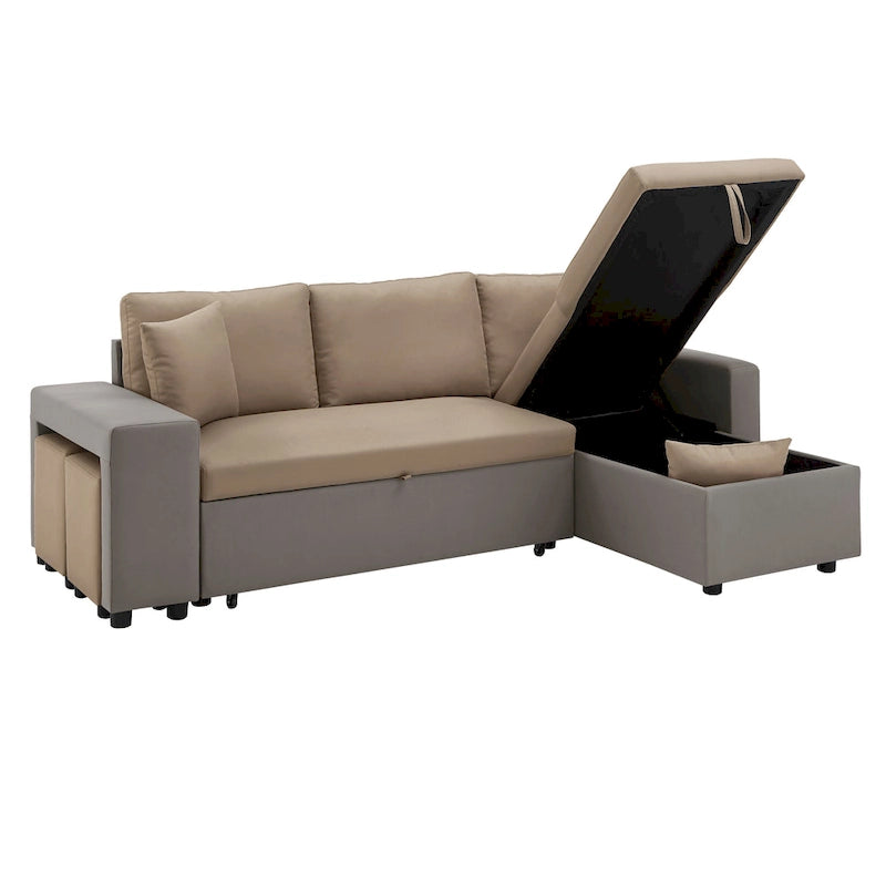 A convertible sofa bed, combined with "hidden storage" and an "L-shaped design," demonstrates its versatility.