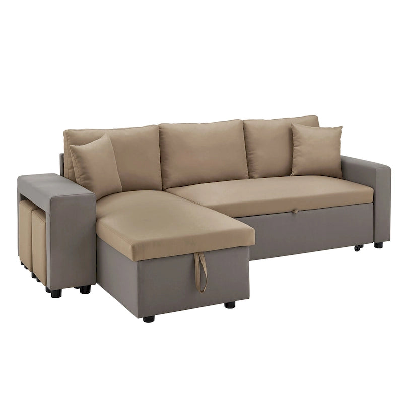 A convertible sofa bed, combined with "hidden storage" and an "L-shaped design," demonstrates its versatility.