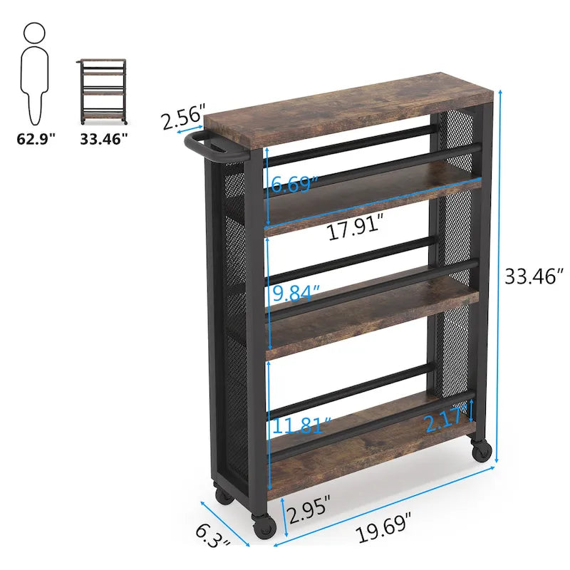 4-Tier Rolling Storage Cart with Wheels, Narrow Design for Kitchen Bathroom & Multi-Room Organizer