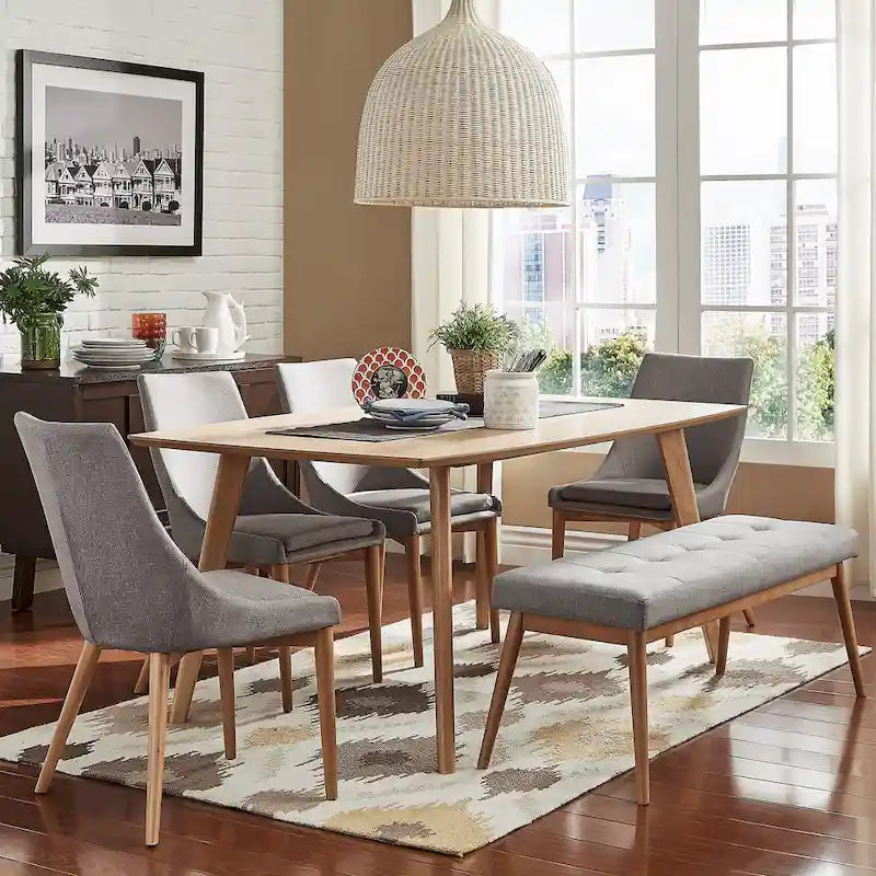 Slanted-leg linen dining chair bench