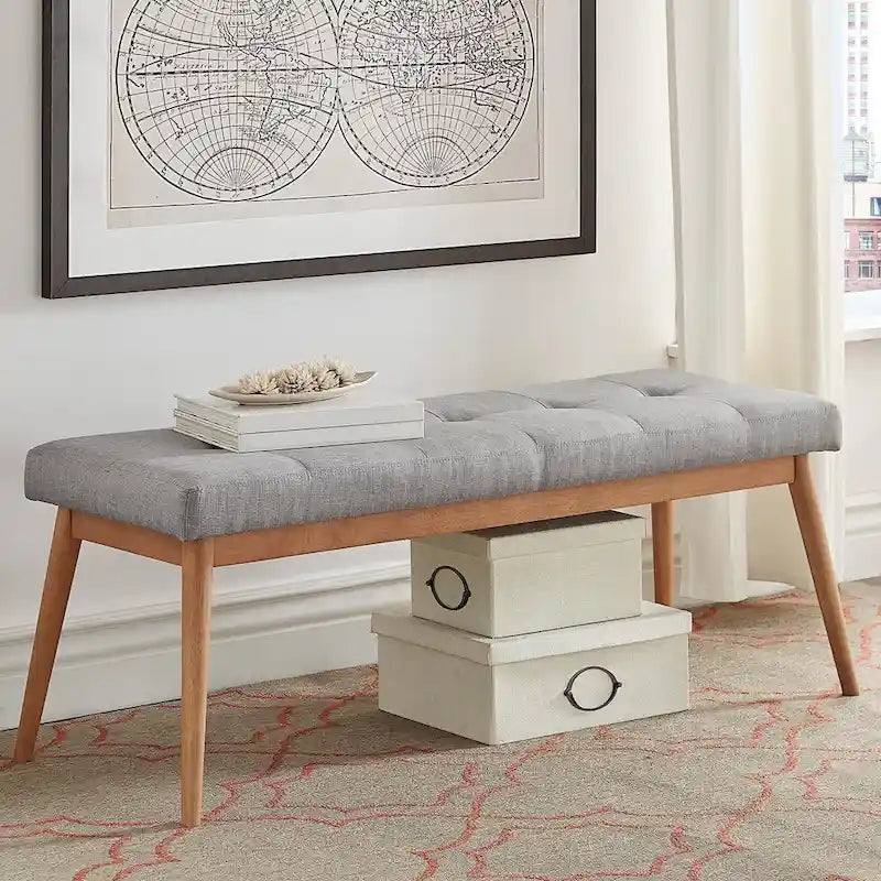 Slanted-leg linen dining chair bench