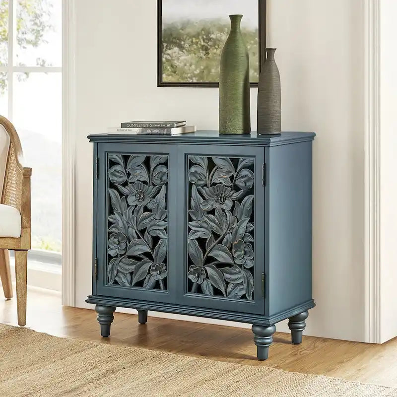 Traditional style 32-inch tall double-door display cabinet with openwork design and LED lighting.