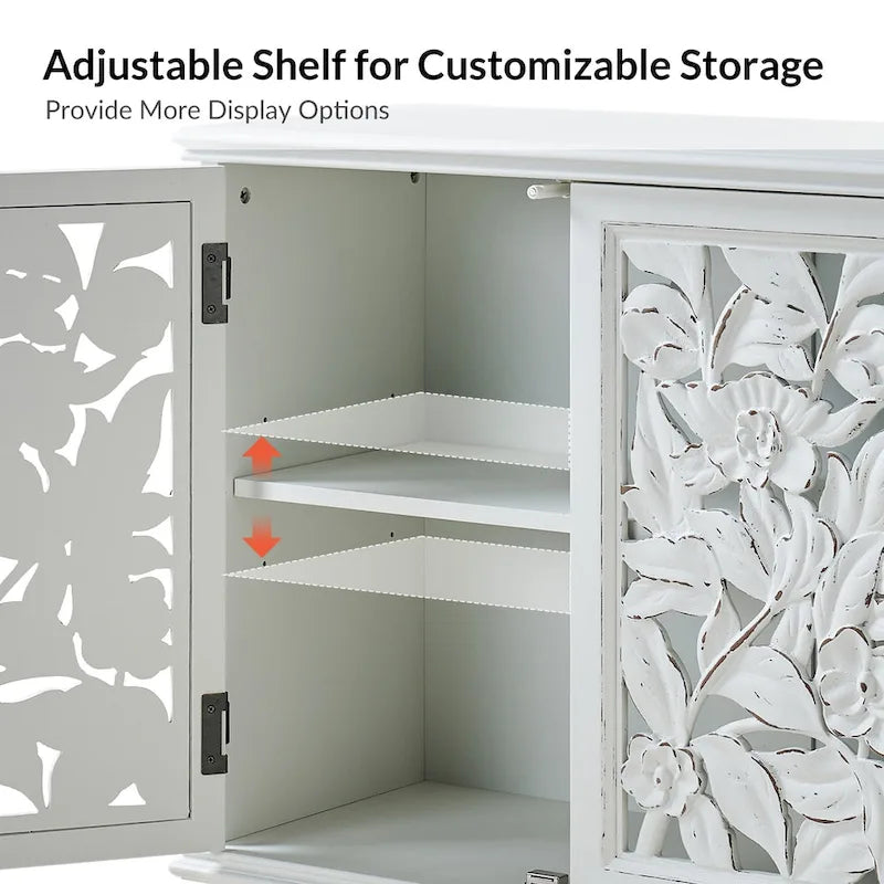 Traditional style 32-inch tall double-door display cabinet with openwork design and LED lighting.