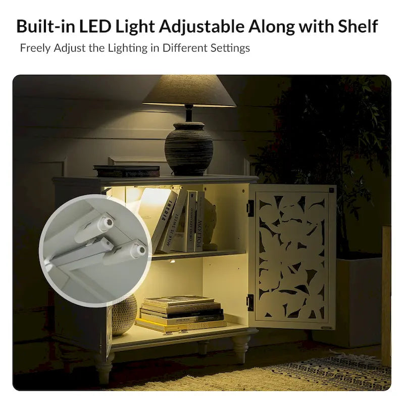 Traditional style 32-inch tall double-door display cabinet with openwork design and LED lighting.