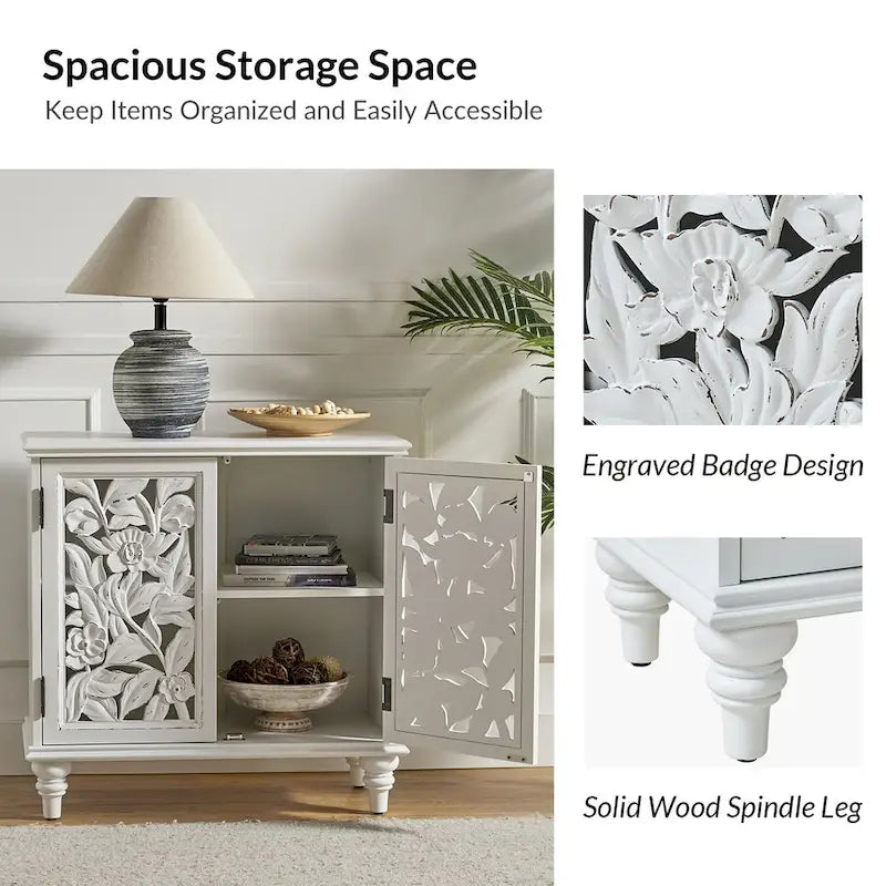 Traditional style 32-inch tall double-door display cabinet with openwork design and LED lighting.