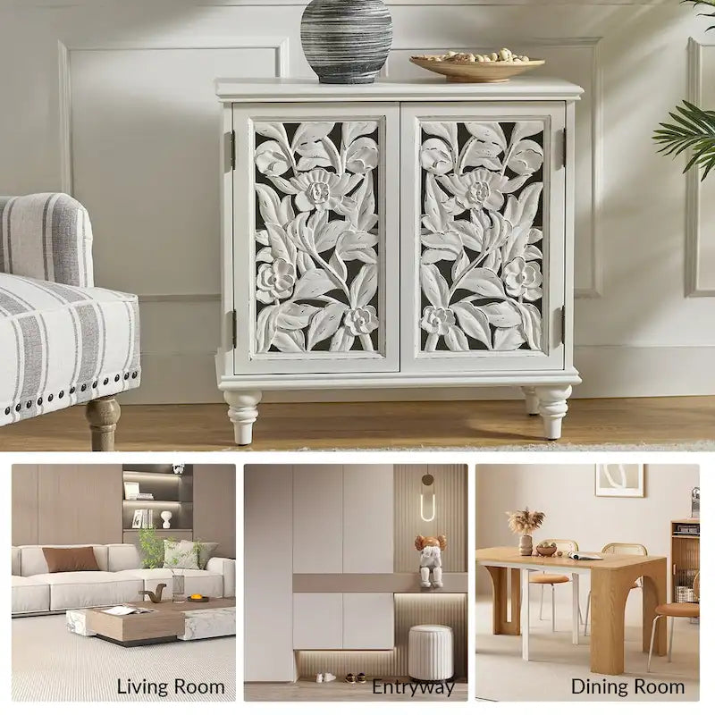 Traditional style 32-inch tall double-door display cabinet with openwork design and LED lighting.