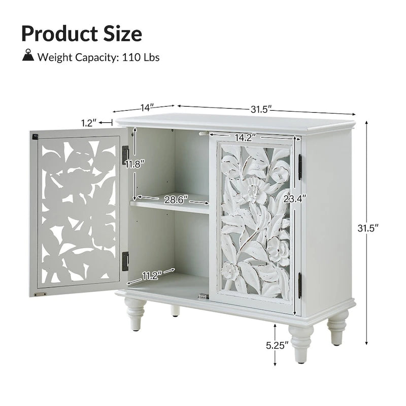 Traditional style 32-inch tall double-door display cabinet with openwork design and LED lighting.