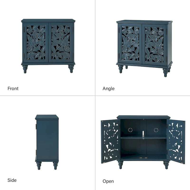 Traditional style 32-inch tall double-door display cabinet with openwork design and LED lighting.