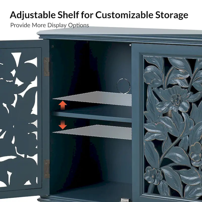 Traditional style 32-inch tall double-door display cabinet with openwork design and LED lighting.