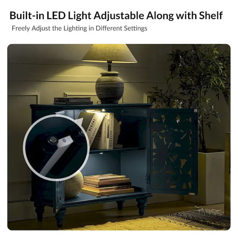 Traditional style 32-inch tall double-door display cabinet with openwork design and LED lighting.