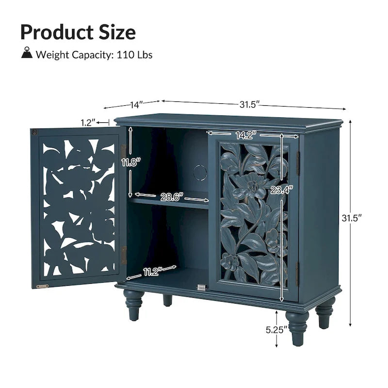 Traditional style 32-inch tall double-door display cabinet with openwork design and LED lighting.