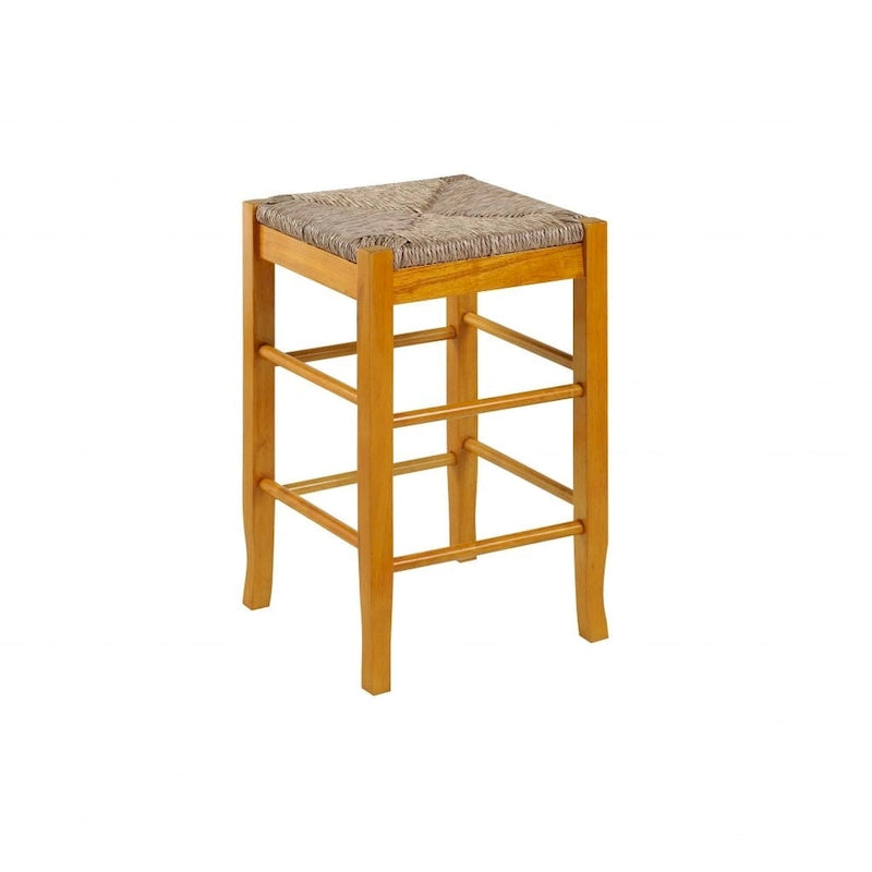 This bar stool features a square seat hand-woven from rattan, and its double crossbar design enhances support and durability.