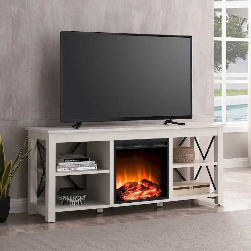 65" Modern Farmhouse TV Stand with Electric Fireplace, X-Shaped Metal Accents & 75 lb Top Capacity