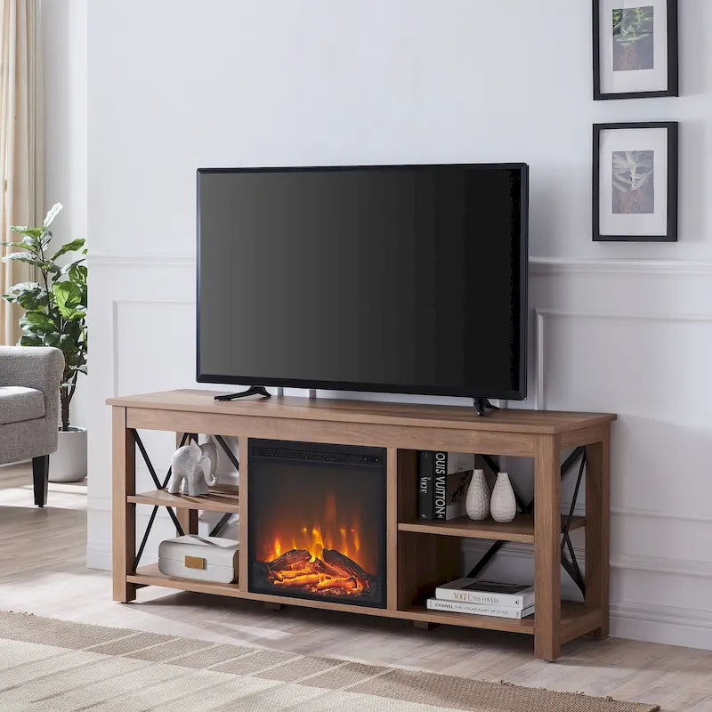 65" Modern Farmhouse TV Stand with Electric Fireplace, X-Shaped Metal Accents & 75 lb Top Capacity