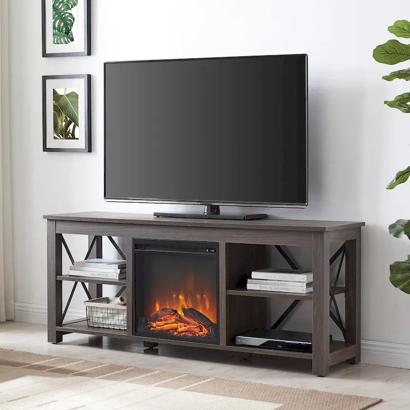 65" Modern Farmhouse TV Stand with Electric Fireplace, X-Shaped Metal Accents & 75 lb Top Capacity