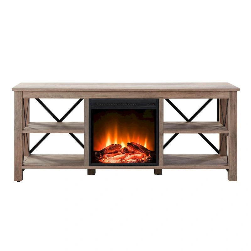 65" Modern Farmhouse TV Stand with Electric Fireplace, X-Shaped Metal Accents & 75 lb Top Capacity
