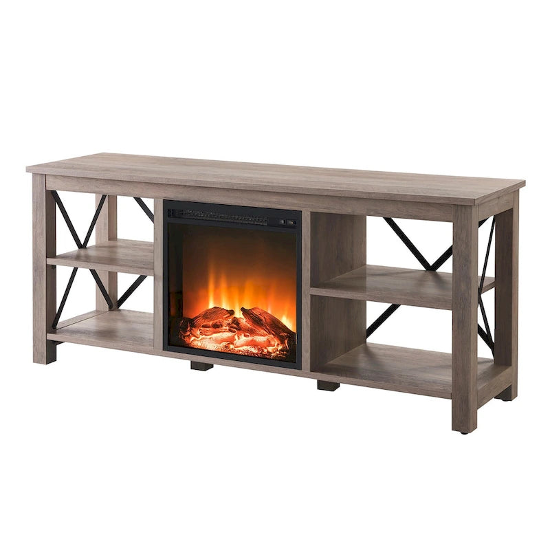 65" Modern Farmhouse TV Stand with Electric Fireplace, X-Shaped Metal Accents & 75 lb Top Capacity