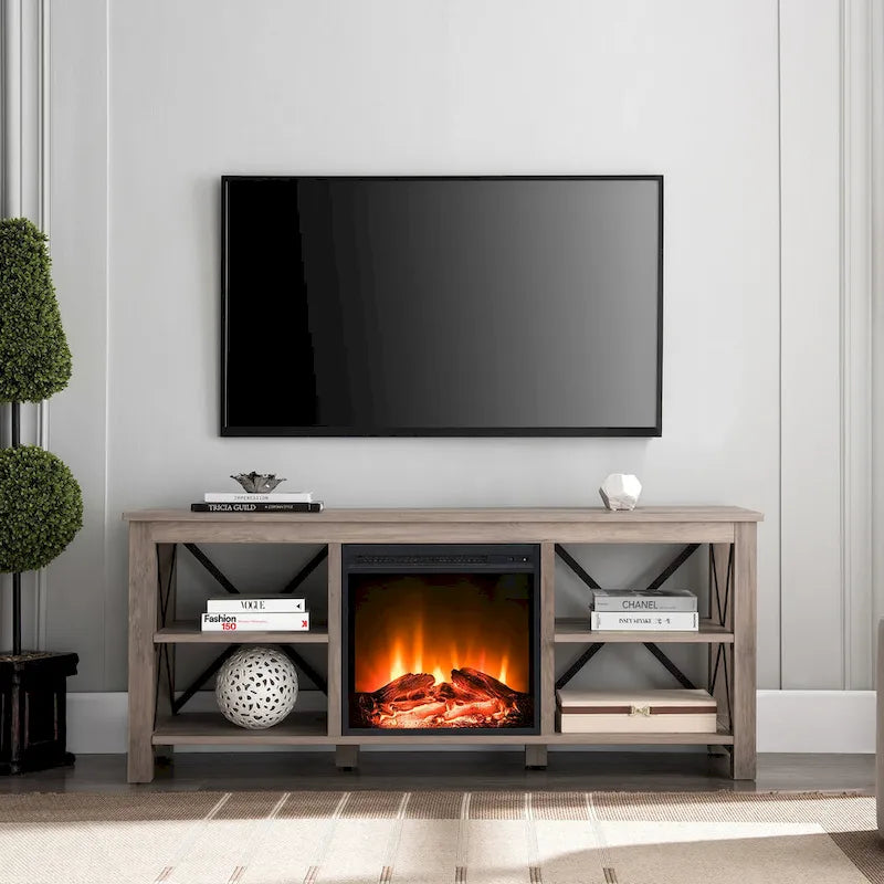 65" Modern Farmhouse TV Stand with Electric Fireplace, X-Shaped Metal Accents & 75 lb Top Capacity