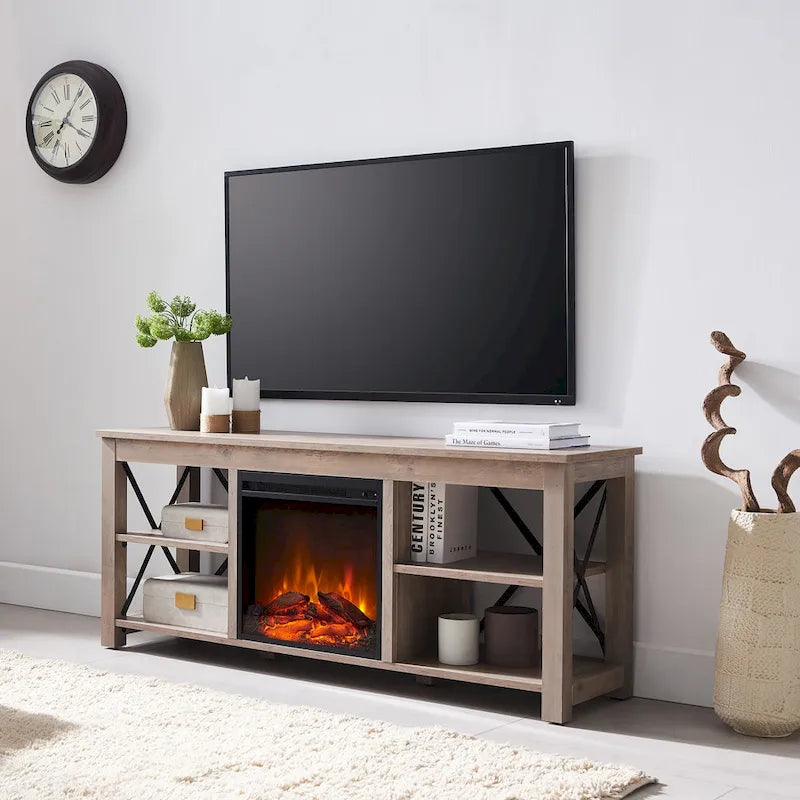 65" Modern Farmhouse TV Stand with Electric Fireplace, X-Shaped Metal Accents & 75 lb Top Capacity