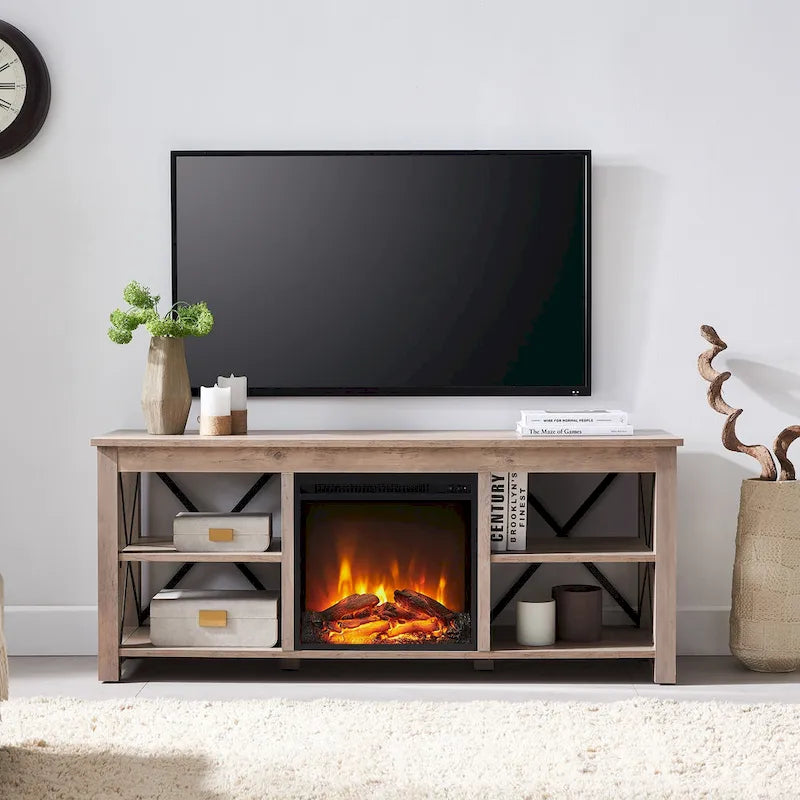 65" Modern Farmhouse TV Stand with Electric Fireplace, X-Shaped Metal Accents & 75 lb Top Capacity