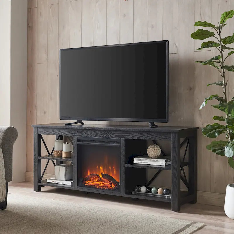 65" Modern Farmhouse TV Stand with Electric Fireplace, X-Shaped Metal Accents & 75 lb Top Capacity