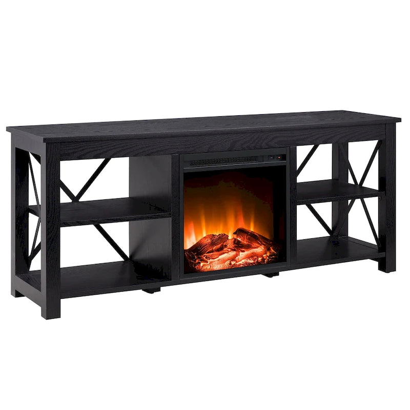 65" Modern Farmhouse TV Stand with Electric Fireplace, X-Shaped Metal Accents & 75 lb Top Capacity