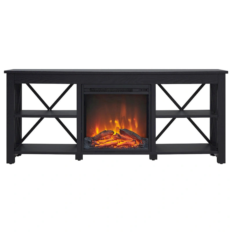 65" Modern Farmhouse TV Stand with Electric Fireplace, X-Shaped Metal Accents & 75 lb Top Capacity