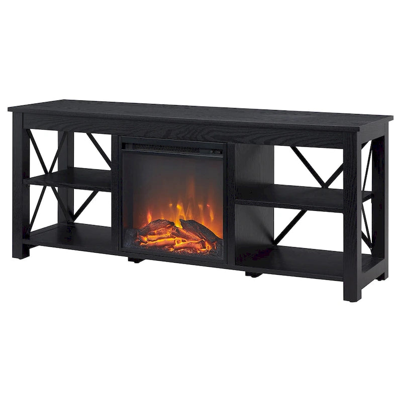 65" Modern Farmhouse TV Stand with Electric Fireplace, X-Shaped Metal Accents & 75 lb Top Capacity