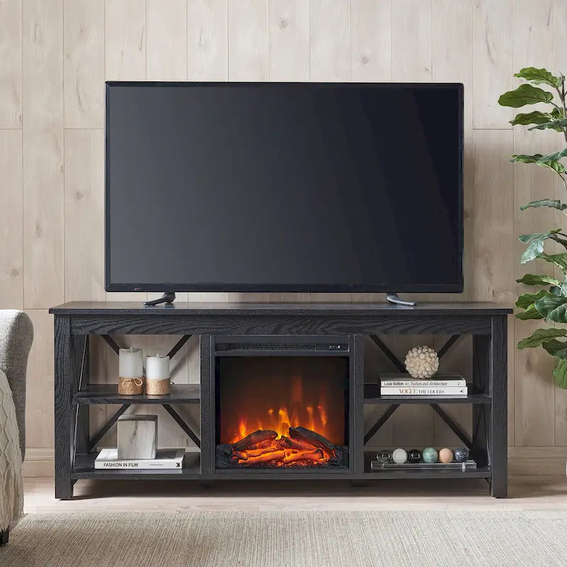 65" Modern Farmhouse TV Stand with Electric Fireplace, X-Shaped Metal Accents & 75 lb Top Capacity