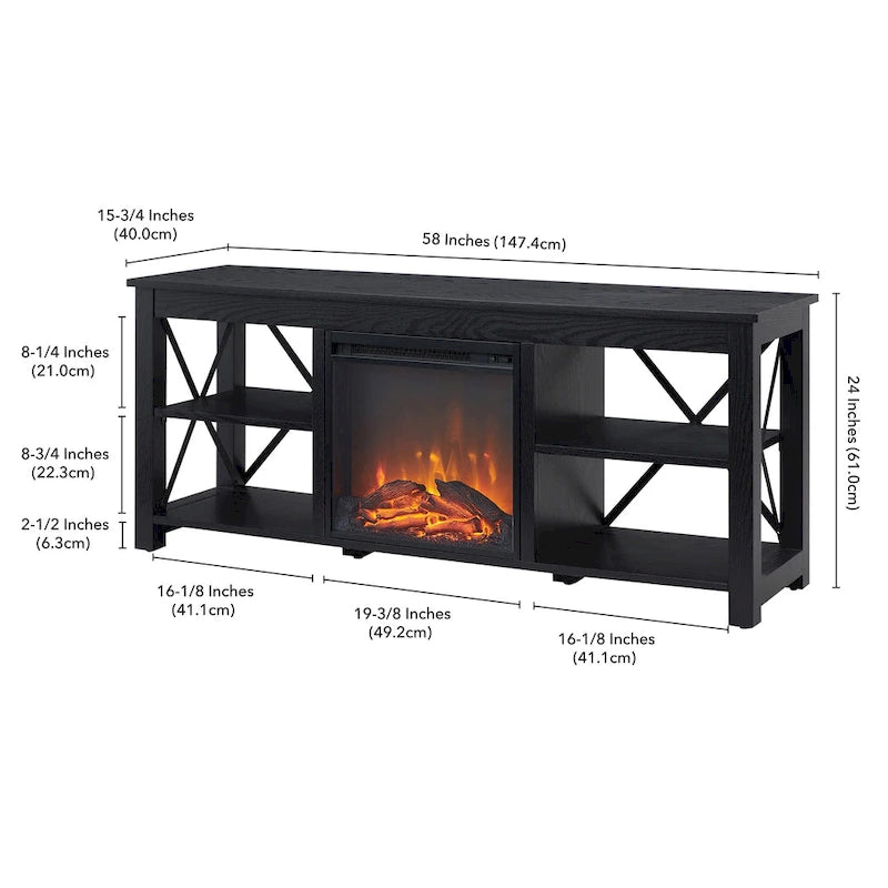 65" Modern Farmhouse TV Stand with Electric Fireplace, X-Shaped Metal Accents & 75 lb Top Capacity