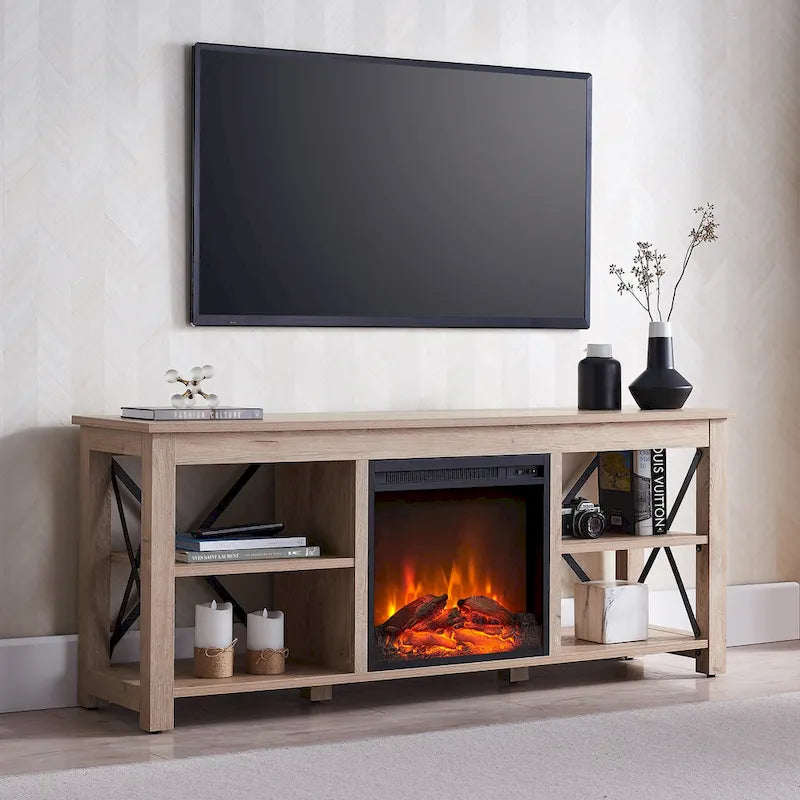 65" Modern Farmhouse TV Stand with Electric Fireplace, X-Shaped Metal Accents & 75 lb Top Capacity
