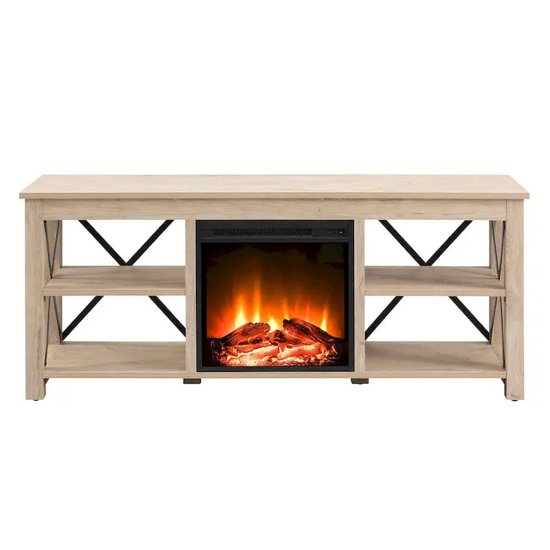 65" Modern Farmhouse TV Stand with Electric Fireplace, X-Shaped Metal Accents & 75 lb Top Capacity