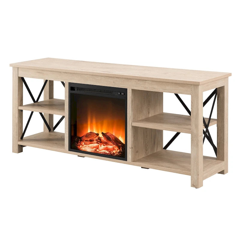 65" Modern Farmhouse TV Stand with Electric Fireplace, X-Shaped Metal Accents & 75 lb Top Capacity