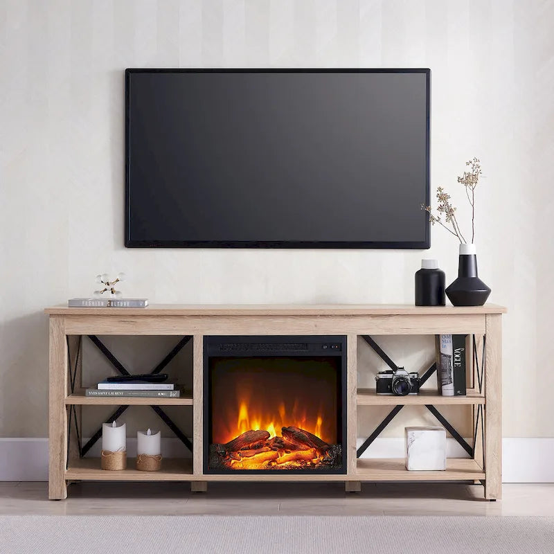 65" Modern Farmhouse TV Stand with Electric Fireplace, X-Shaped Metal Accents & 75 lb Top Capacity