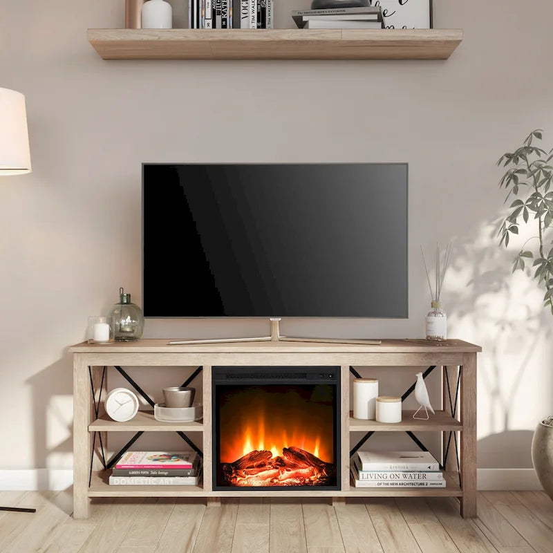 65" Modern Farmhouse TV Stand with Electric Fireplace, X-Shaped Metal Accents & 75 lb Top Capacity