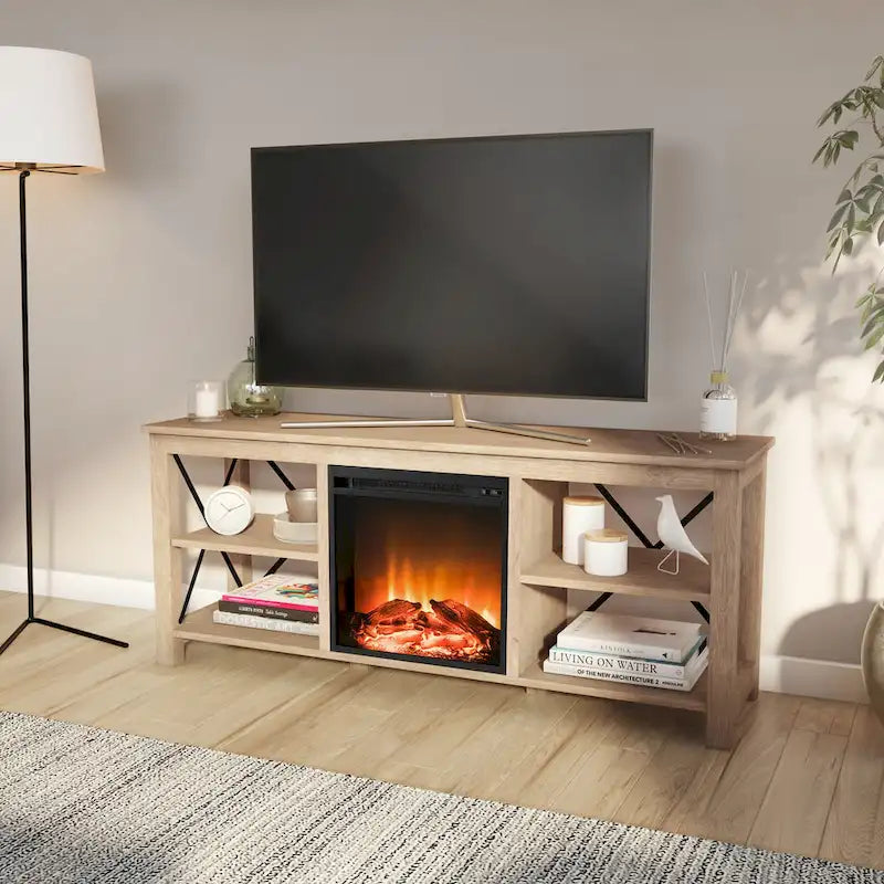 65" Modern Farmhouse TV Stand with Electric Fireplace, X-Shaped Metal Accents & 75 lb Top Capacity