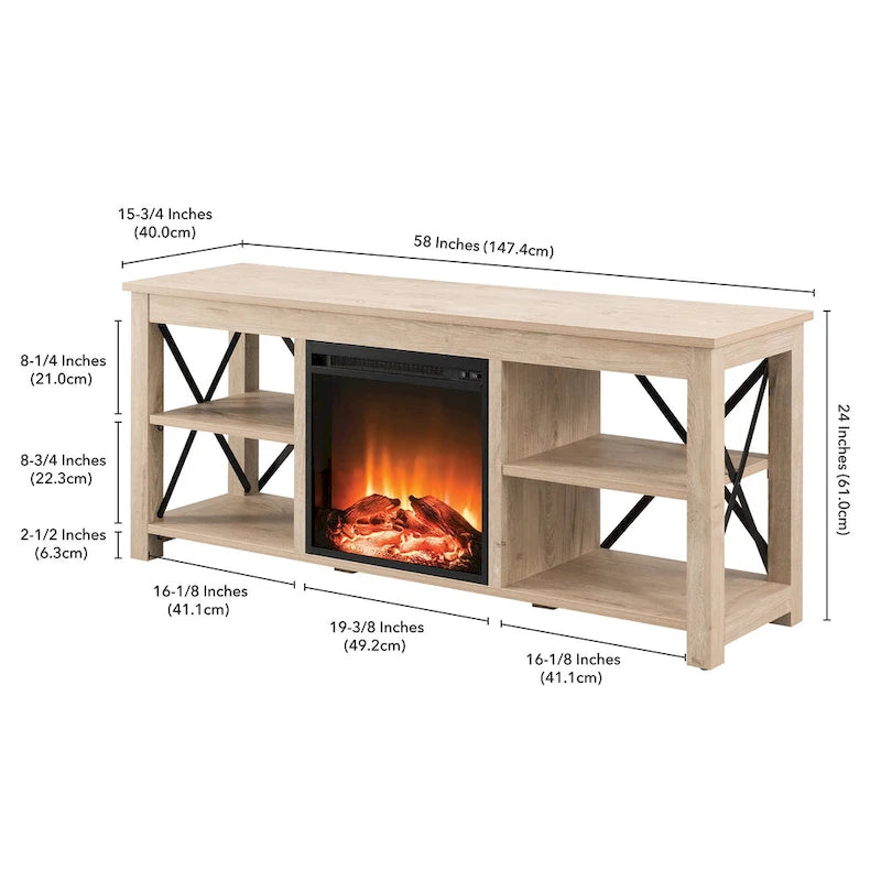 65" Modern Farmhouse TV Stand with Electric Fireplace, X-Shaped Metal Accents & 75 lb Top Capacity