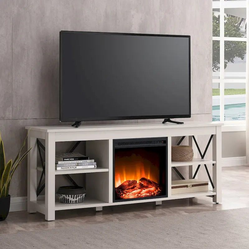 65" Modern Farmhouse TV Stand with Electric Fireplace, X-Shaped Metal Accents & 75 lb Top Capacity