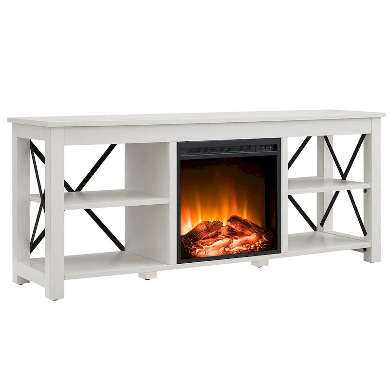 65" Modern Farmhouse TV Stand with Electric Fireplace, X-Shaped Metal Accents & 75 lb Top Capacity