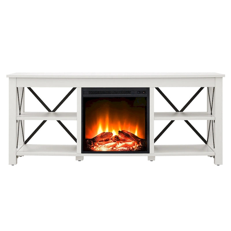 65" Modern Farmhouse TV Stand with Electric Fireplace, X-Shaped Metal Accents & 75 lb Top Capacity