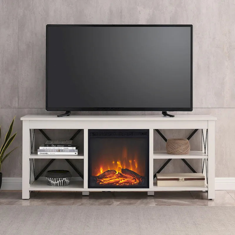65" Modern Farmhouse TV Stand with Electric Fireplace, X-Shaped Metal Accents & 75 lb Top Capacity